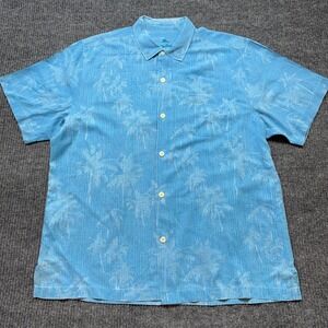 Tommy Bahama Silk Camp Shirt Mens XL Blue Palm Tree Print Resort